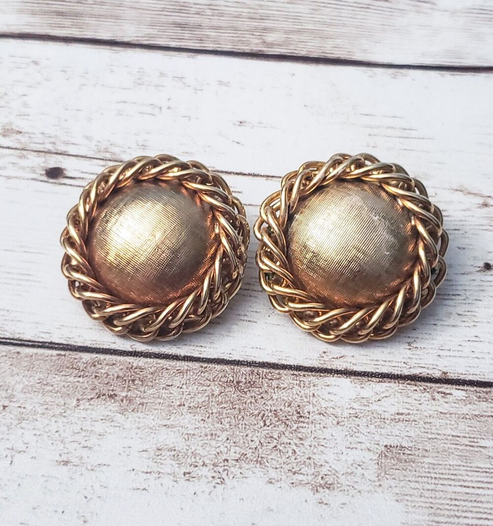 Vintage Clip On Earrings - Statement Circle Antique Gold Tone 1 & 1/8"